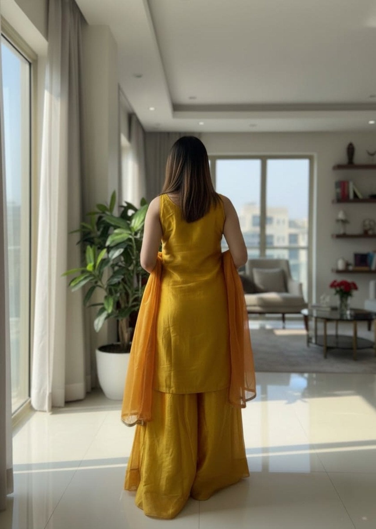 Yellow Chiffon Kurti with Embroidered Pant and Dupatta fabric texture detail