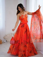 Orange Organza Digital Print Lehenga Choli Set with Dupatta & Batwa