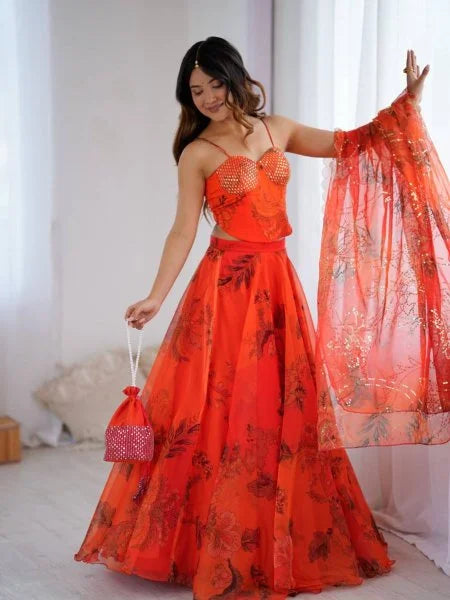 Orange Organza Digital Print Lehenga Choli Set with Dupatta & Batwa