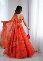 Orange Organza Digital Print Lehenga Choli Set with Dupatta & Batwa