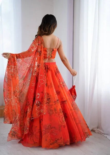 Orange Organza Digital Print Lehenga Choli Set with Dupatta & Batwa
