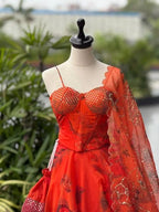 Orange Organza Digital Print Lehenga Choli Set with Dupatta & Batwa