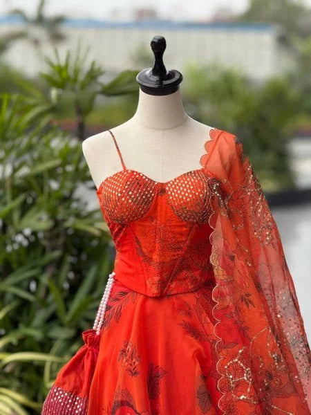 Orange Organza Digital Print Lehenga Choli Set with Dupatta & Batwa