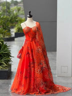 Orange Organza Digital Print Lehenga Choli Set with Dupatta & Batwa