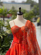 Orange Organza Digital Print Lehenga Choli Set with Dupatta & Batwa