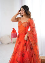 Orange Organza Digital Print Lehenga Choli Set with Dupatta & Batwa