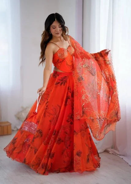 Orange Organza Digital Print Lehenga Choli Set with Dupatta & Batwa