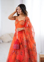 Orange Organza Digital Print Lehenga Choli Set with Dupatta & Batwa