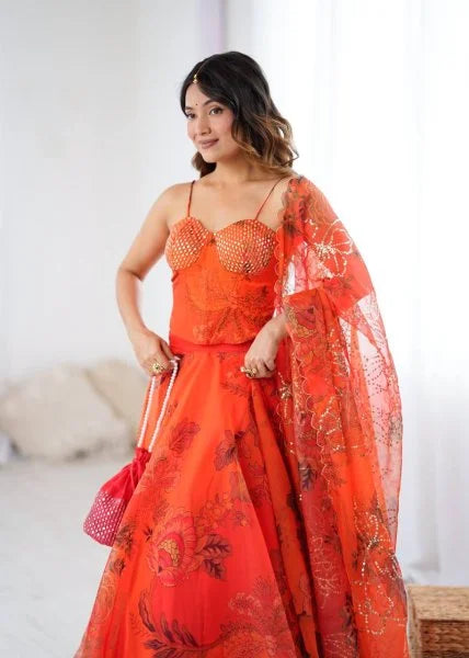Orange Organza Digital Print Lehenga Choli Set with Dupatta & Batwa
