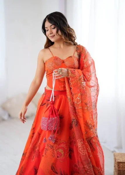 Orange Organza Digital Print Lehenga Choli Set with Dupatta & Batwa