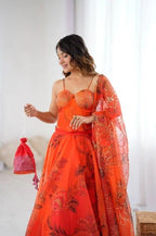 Orange Organza Digital Print Lehenga Choli Set with Dupatta & Batwa