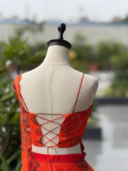 Orange Organza Digital Print Lehenga Choli Set with Dupatta & Batwa