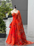 Orange Organza Digital Print Lehenga Choli Set with Dupatta & Batwa