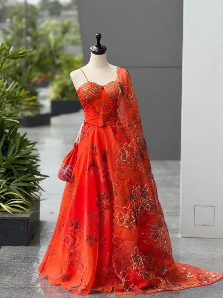 Orange Organza Digital Print Lehenga Choli Set with Dupatta & Batwa