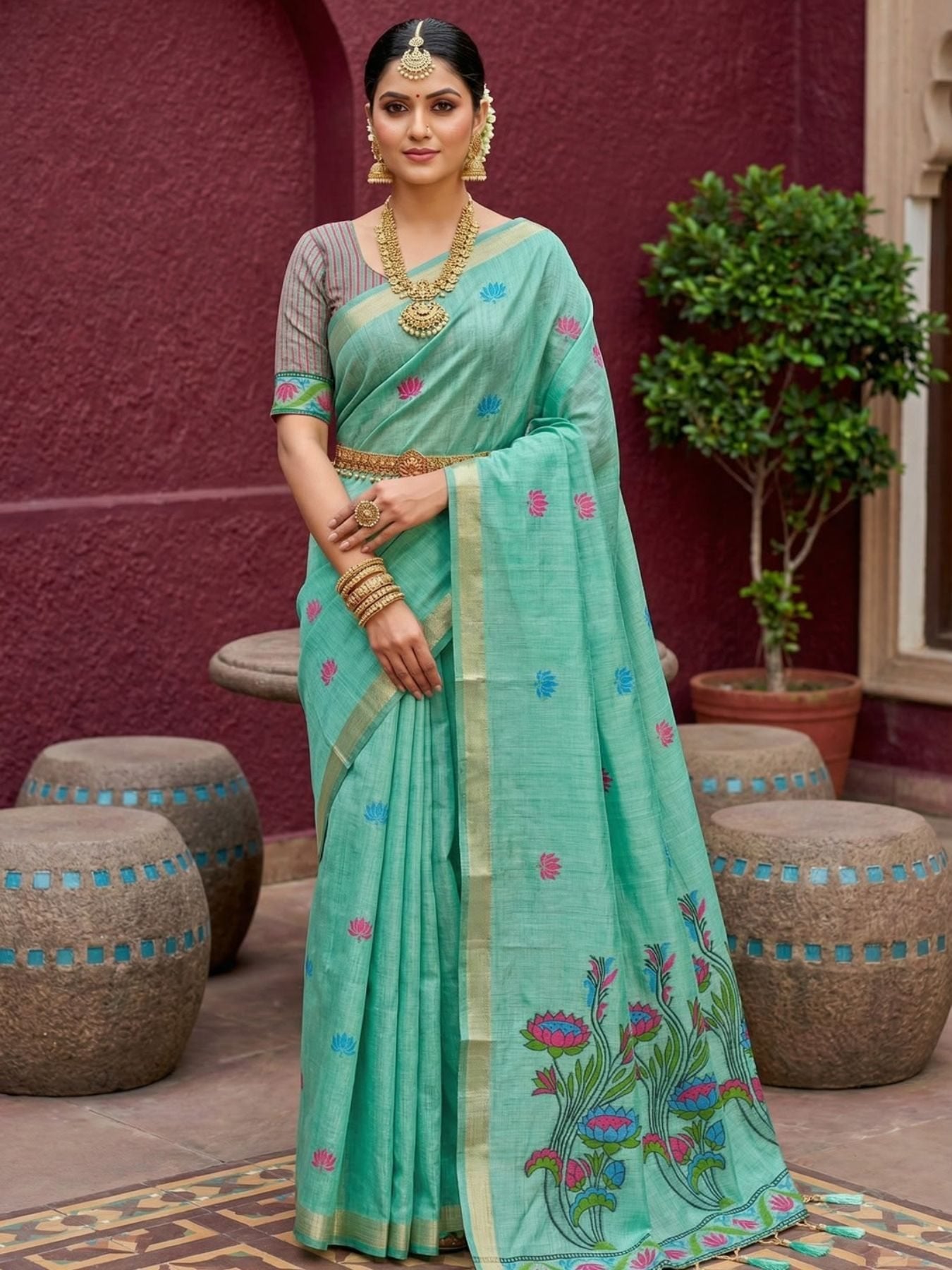 Mint Cotton Saree for women - full front view | Snyvia