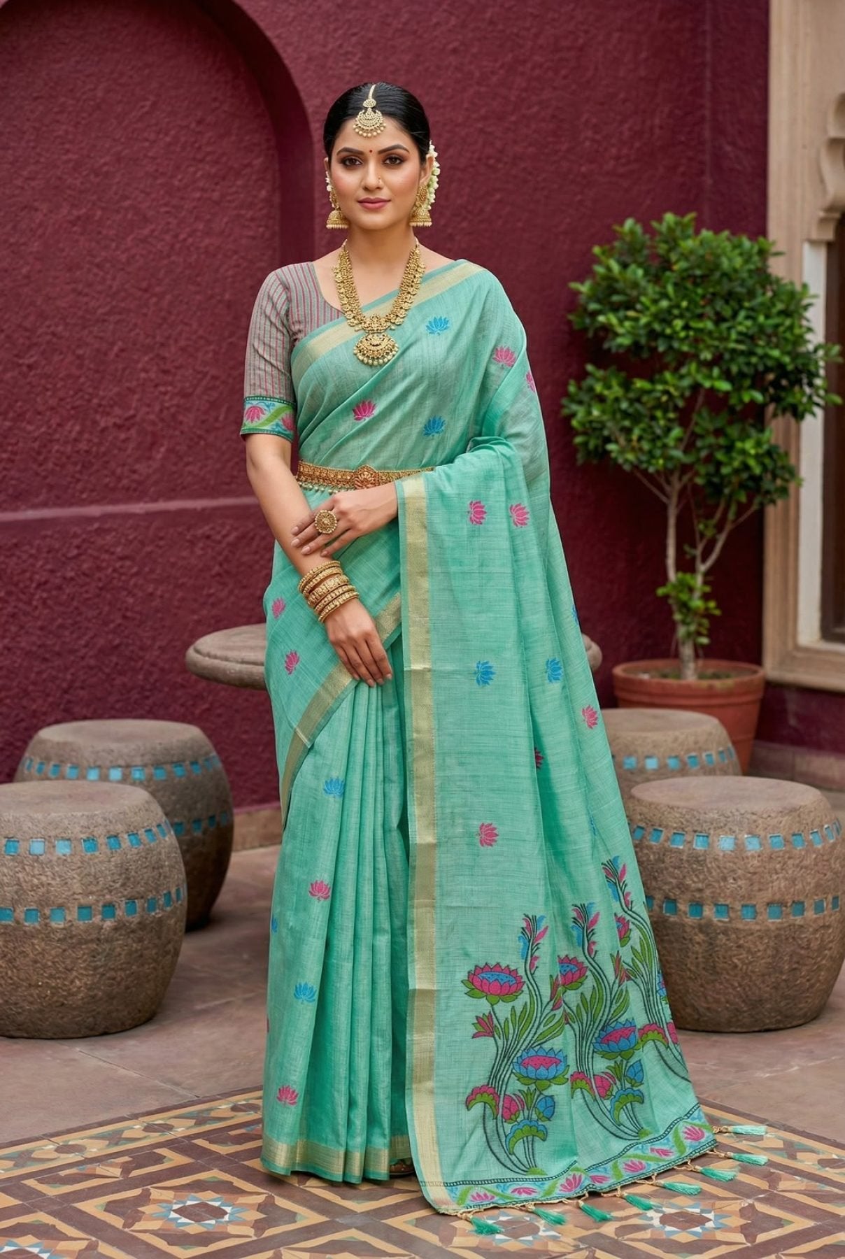 Mint Cotton Saree - drape and pallu detail