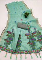 Mint Cotton Saree - side drape view