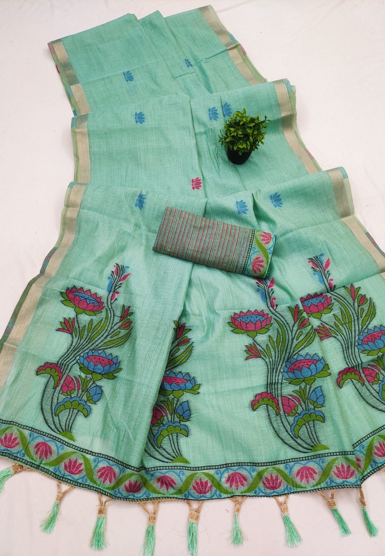 Mint Cotton Saree - side drape view