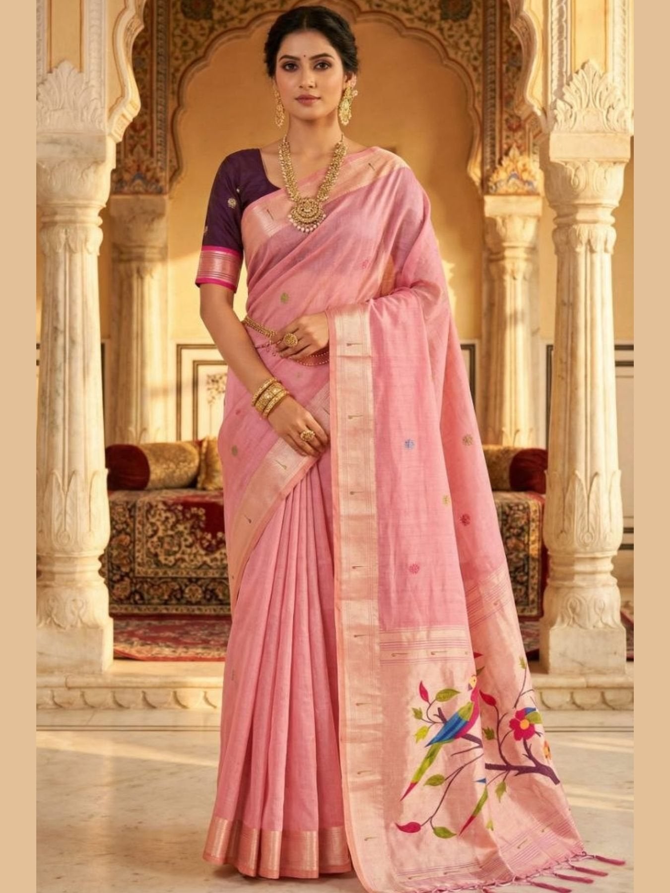 Pink Cotton Saree for women - full front view | Snyvia