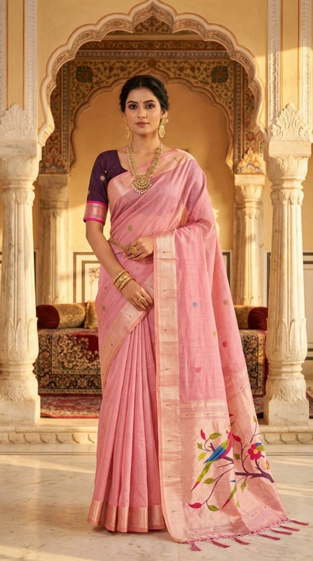 Pink Cotton Saree - drape and pallu detail