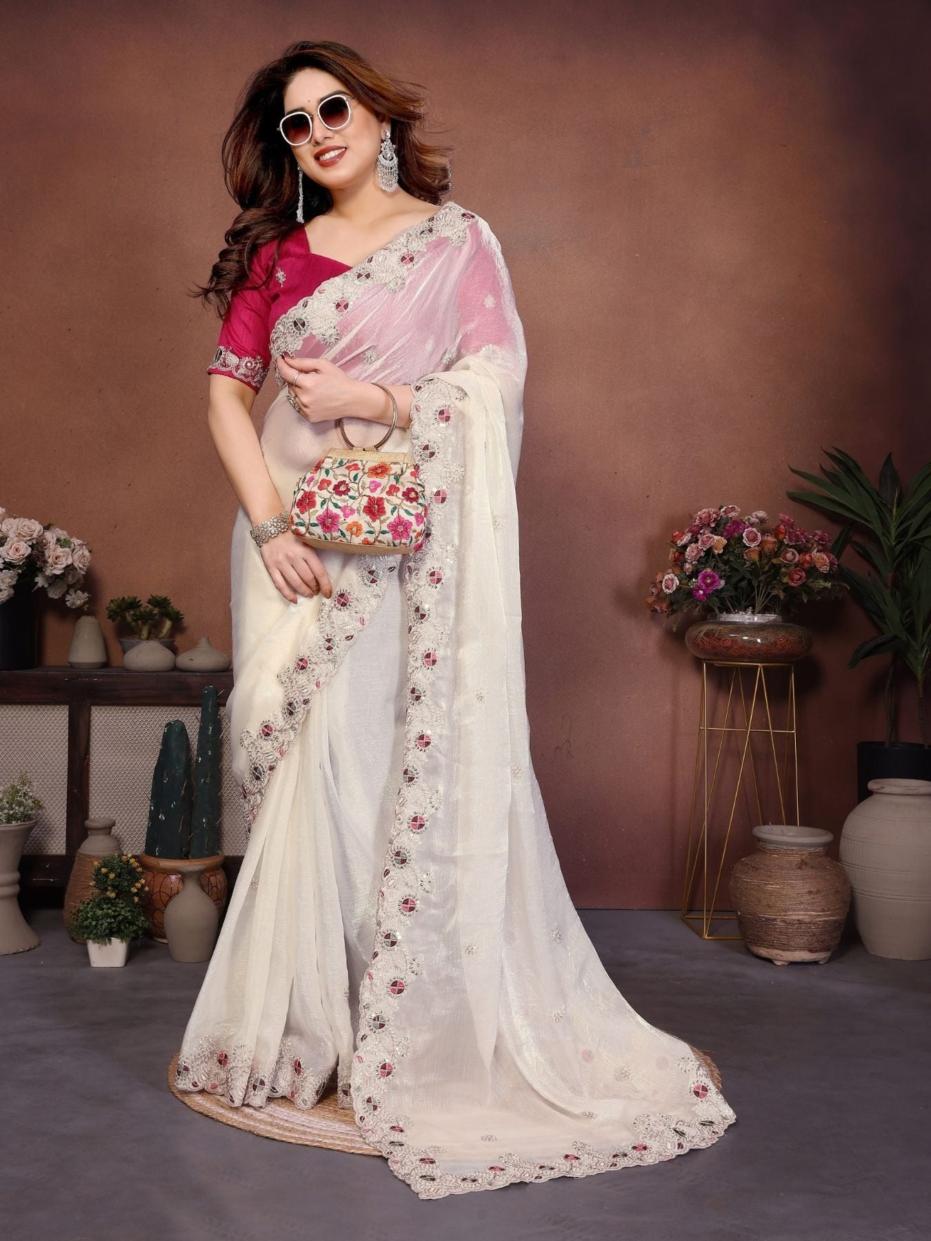 White Chiffon Saree for women - full front view | Snyvia