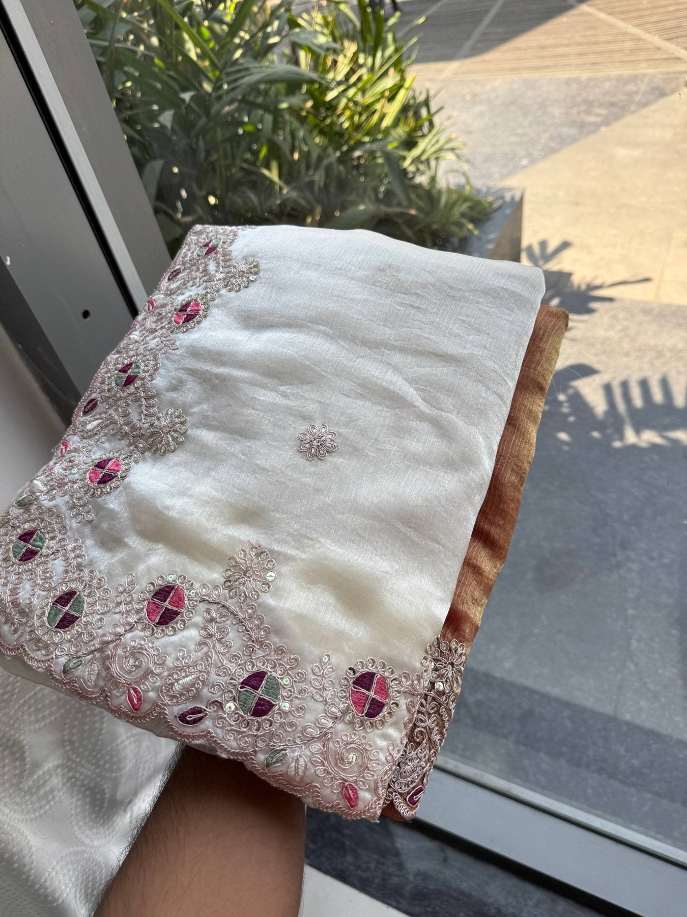 White Chiffon Saree - Embroidery embroidery work detail