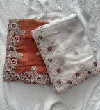 White Chiffon Saree - Embroidery pallu design detail