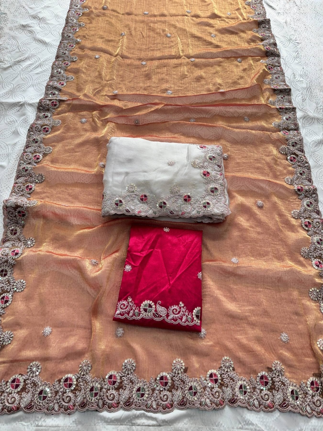 White Chiffon Saree - Embroidery back view