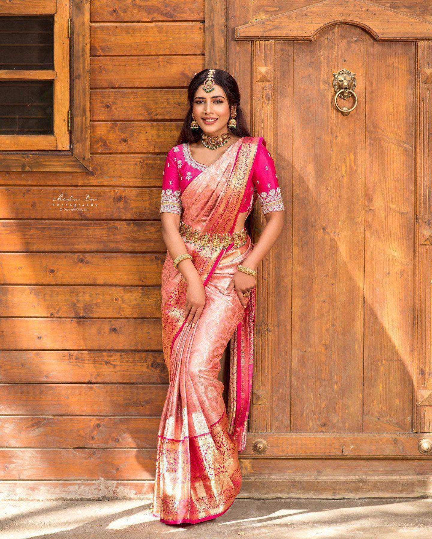 Peach Silk Saree - drape and pallu detail