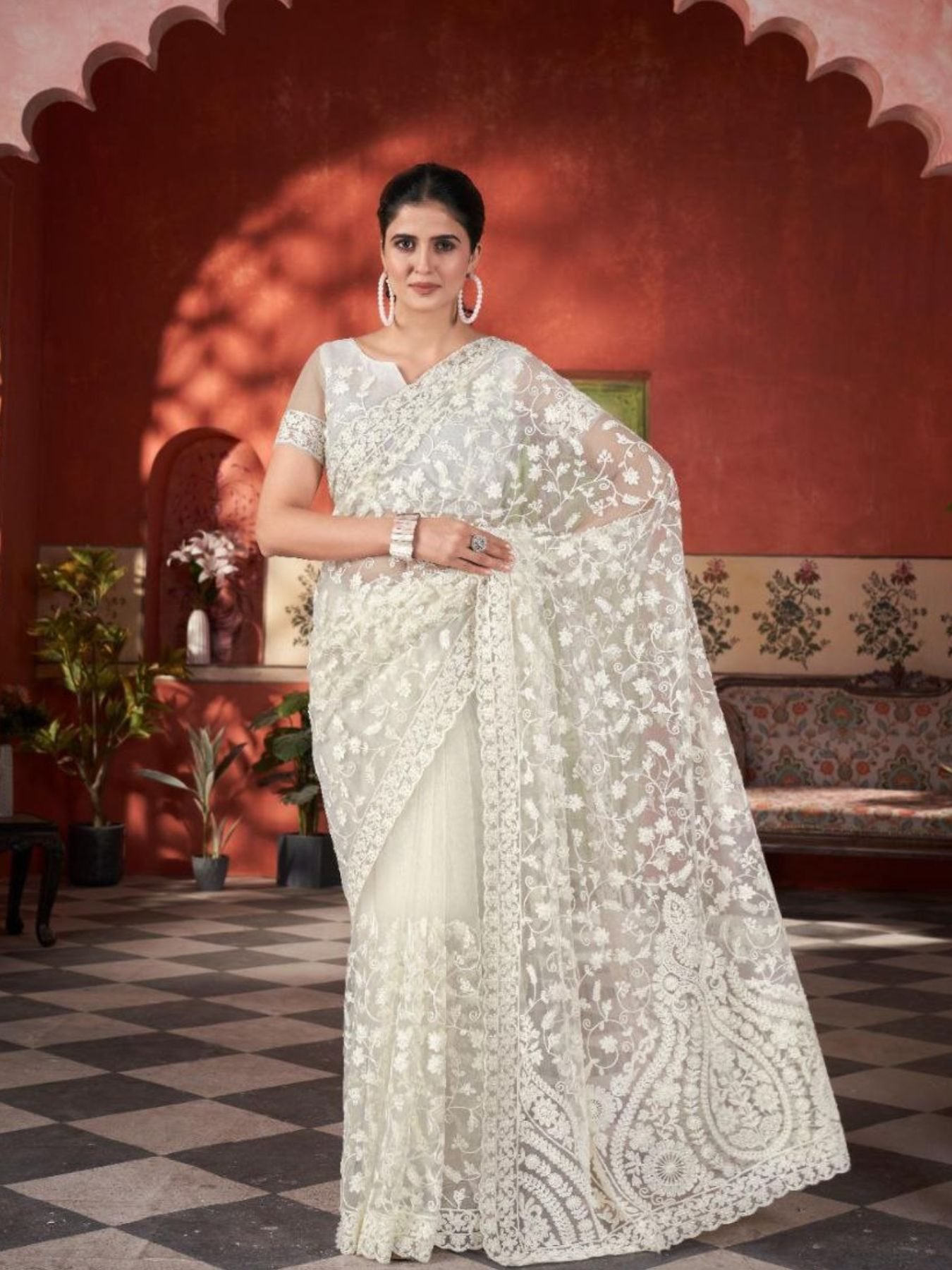 White Net Saree for women - full front view | Snyvia