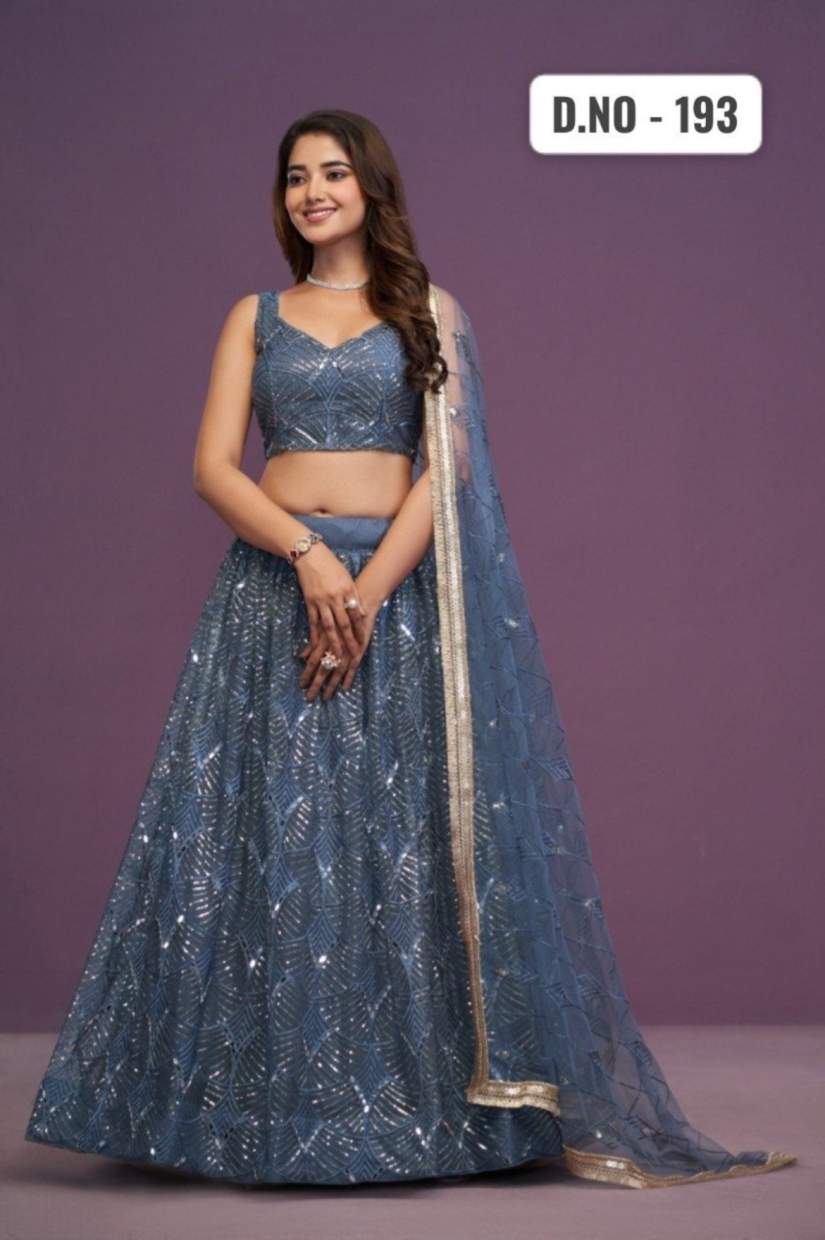 Blue Perfect Net Real Mirror Work Lehenga Choli with Zari Embroidery for Wedding full drape view