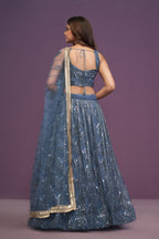 Blue Perfect Net Real Mirror Work Lehenga Choli with Zari Embroidery for Wedding detailed view