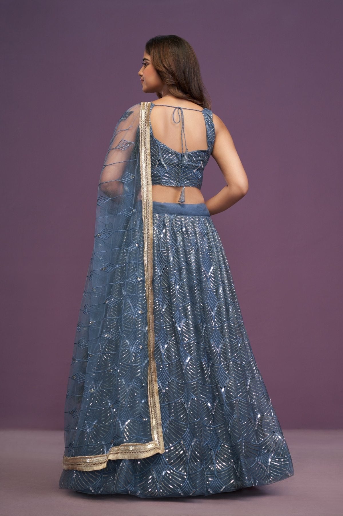 Blue Perfect Net Real Mirror Work Lehenga Choli with Zari Embroidery for Wedding detailed view