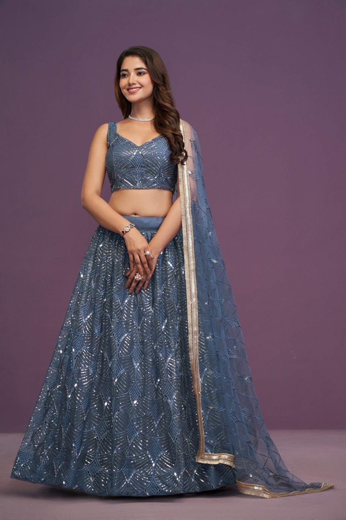 Blue Perfect Net Real Mirror Work Lehenga Choli with Zari Embroidery for Wedding back view