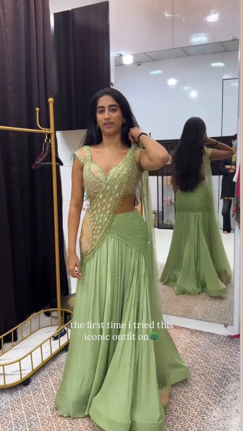 Green Chinon Lehenga - side drape view