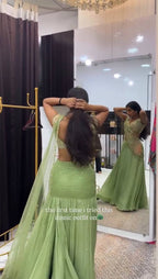 Green Chinon Lehenga - blouse and border close-up
