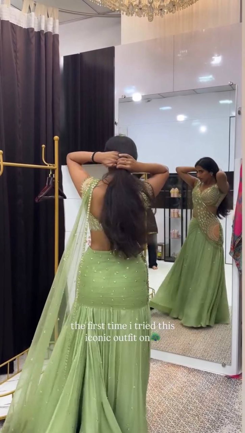 Green Chinon Lehenga - blouse and border close-up