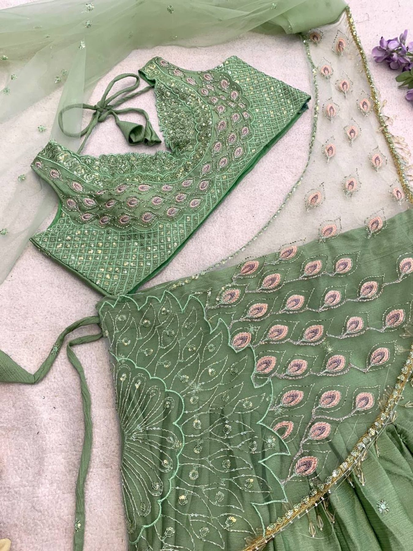 Green Chinon Lehenga - fabric texture close-up