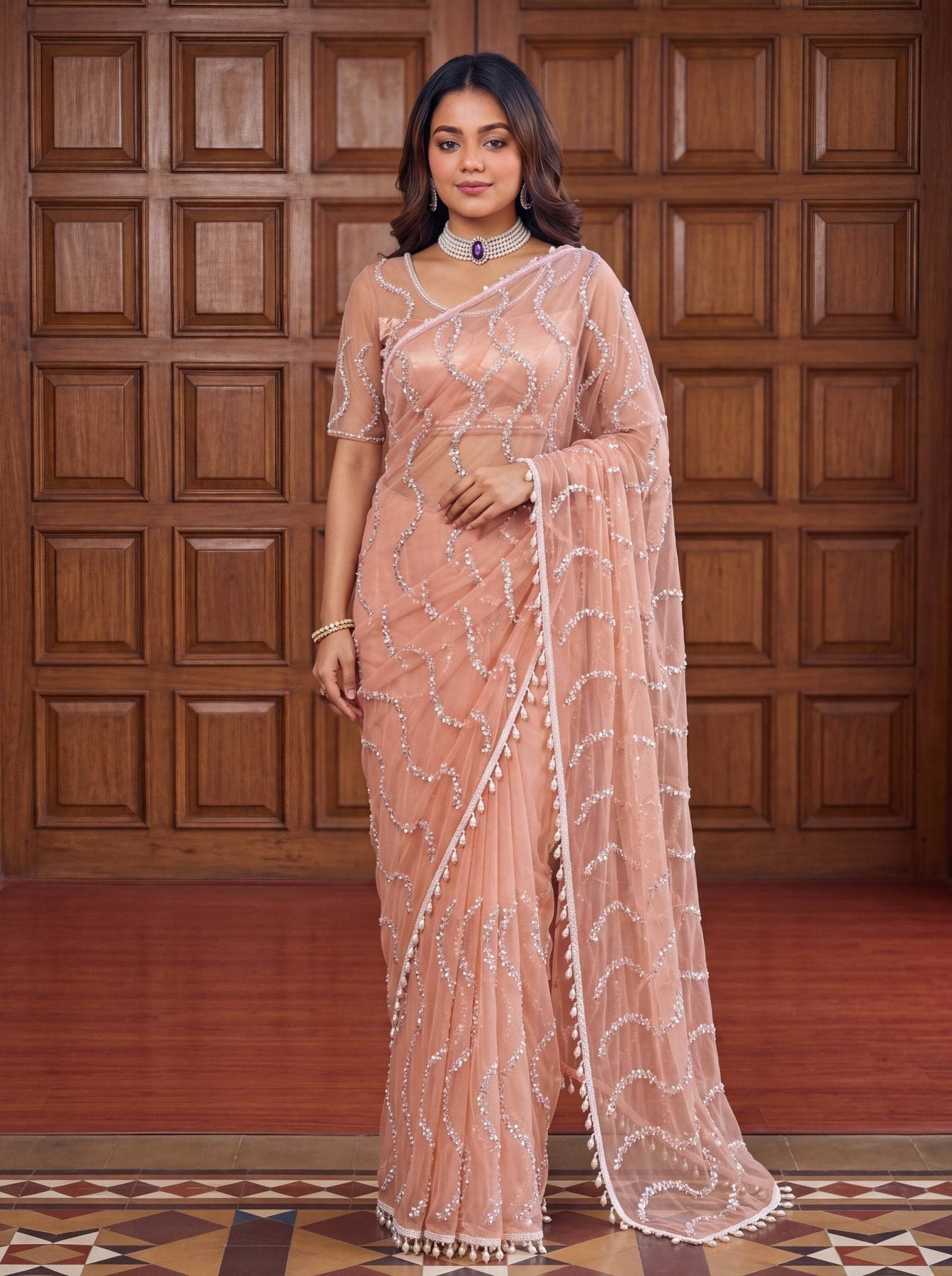 Peach Net Saree - drape and pallu detail