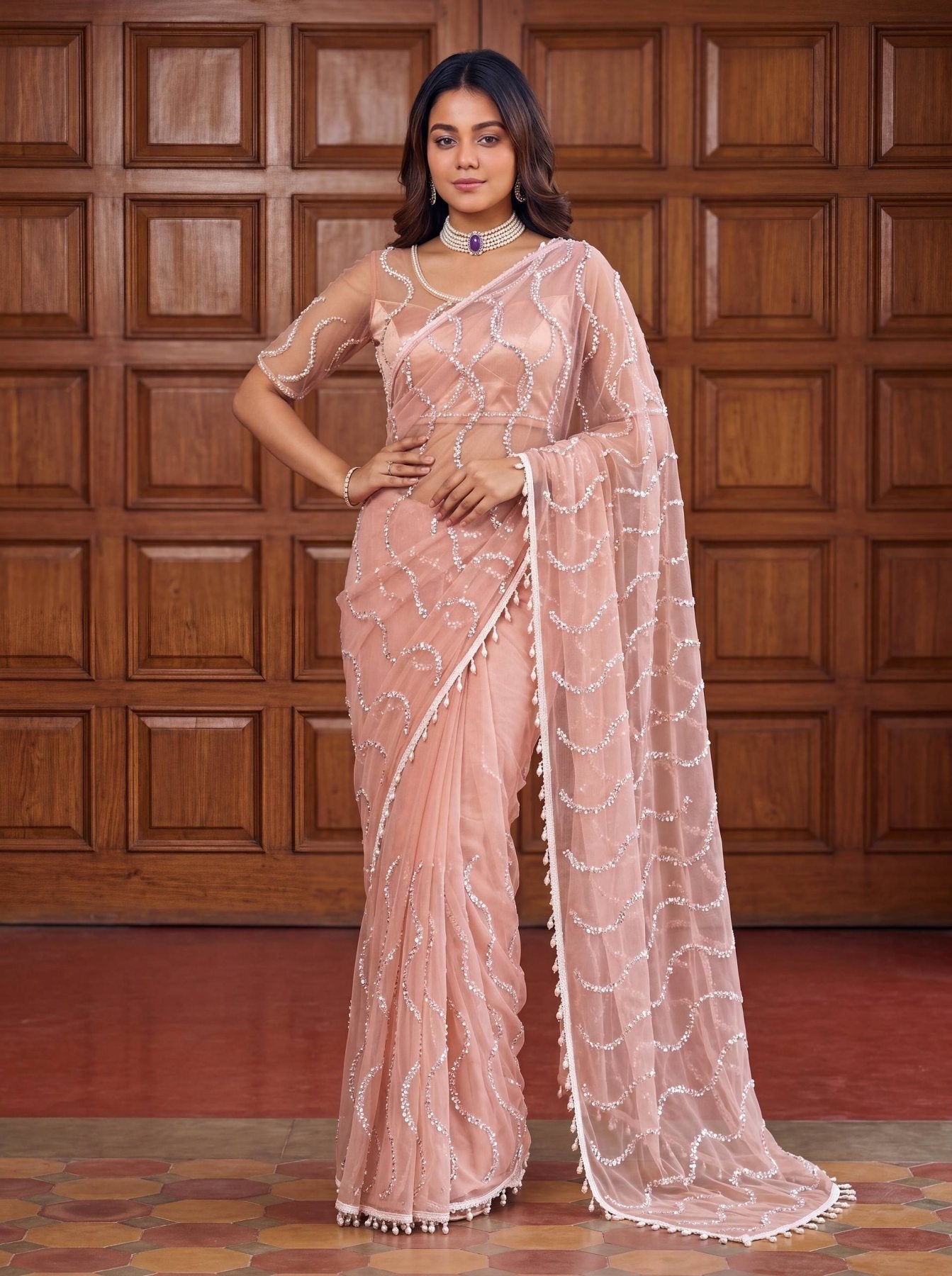 Peach Net Saree - side drape view