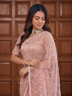 Peach Net Saree - fabric texture close-up