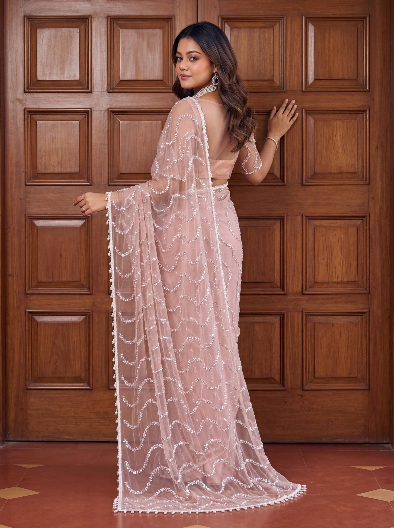 Peach Net Saree - Embroidery embroidery work detail