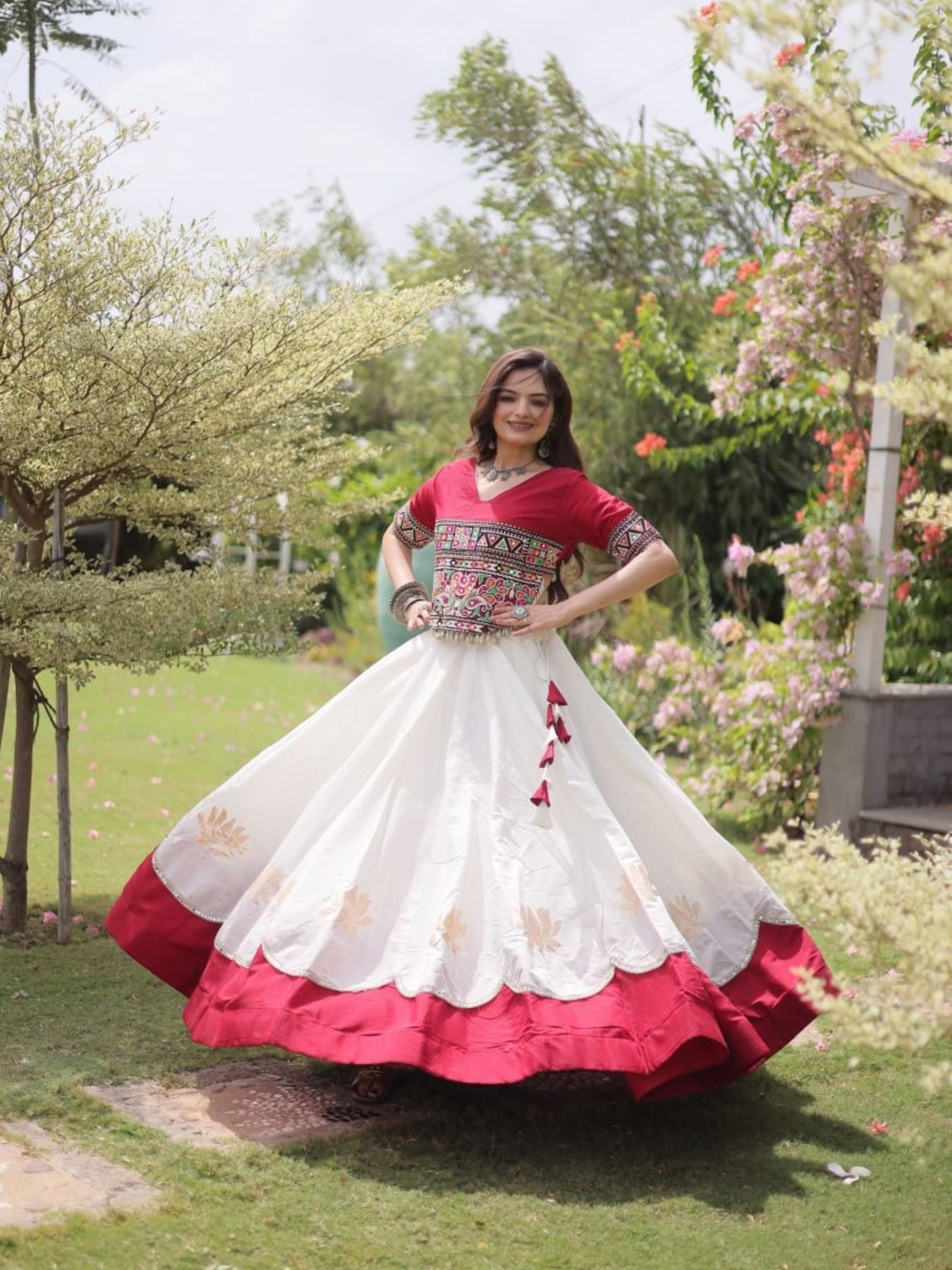 Roman Fabric Navratri Lehenga Choli with Kutchi Gamthi Embroidery Work colour variant view