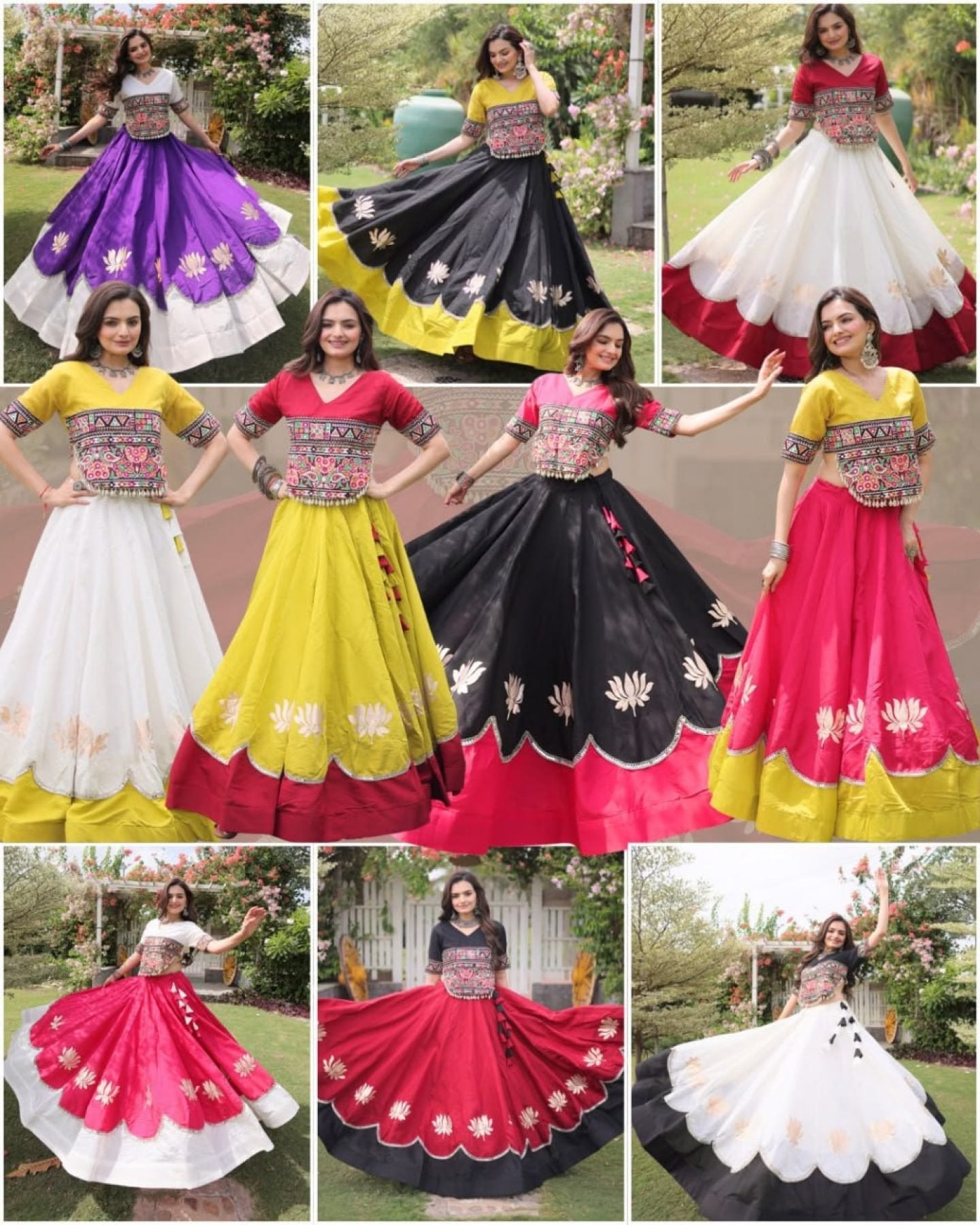 Roman Fabric Navratri Lehenga Choli with Kutchi Gamthi Embroidery Work front view