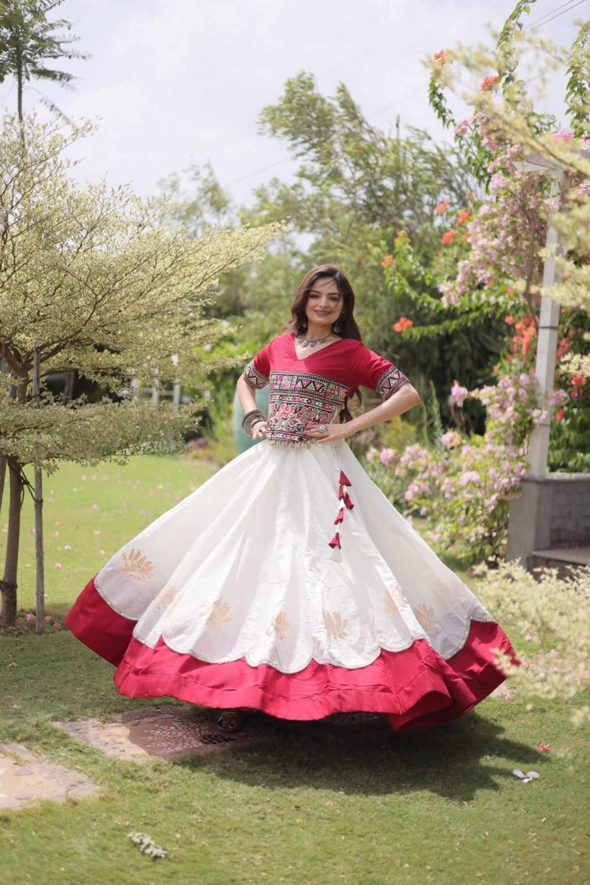 Roman Fabric Navratri Lehenga Choli with Kutchi Gamthi Embroidery Work full drape view