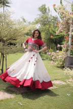 Roman Fabric Navratri Lehenga Choli with Kutchi Gamthi Embroidery Work blouse and dupatta detail