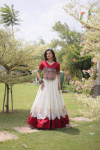 Roman Fabric Navratri Lehenga Choli with Kutchi Gamthi Embroidery Work blouse and dupatta detail