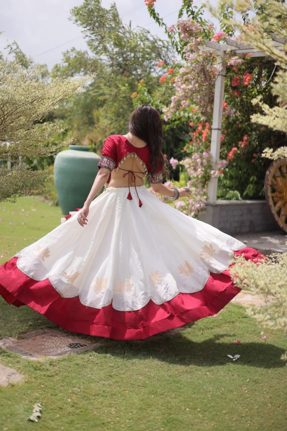 Roman Fabric Navratri Lehenga Choli with Kutchi Gamthi Embroidery Work detailed view