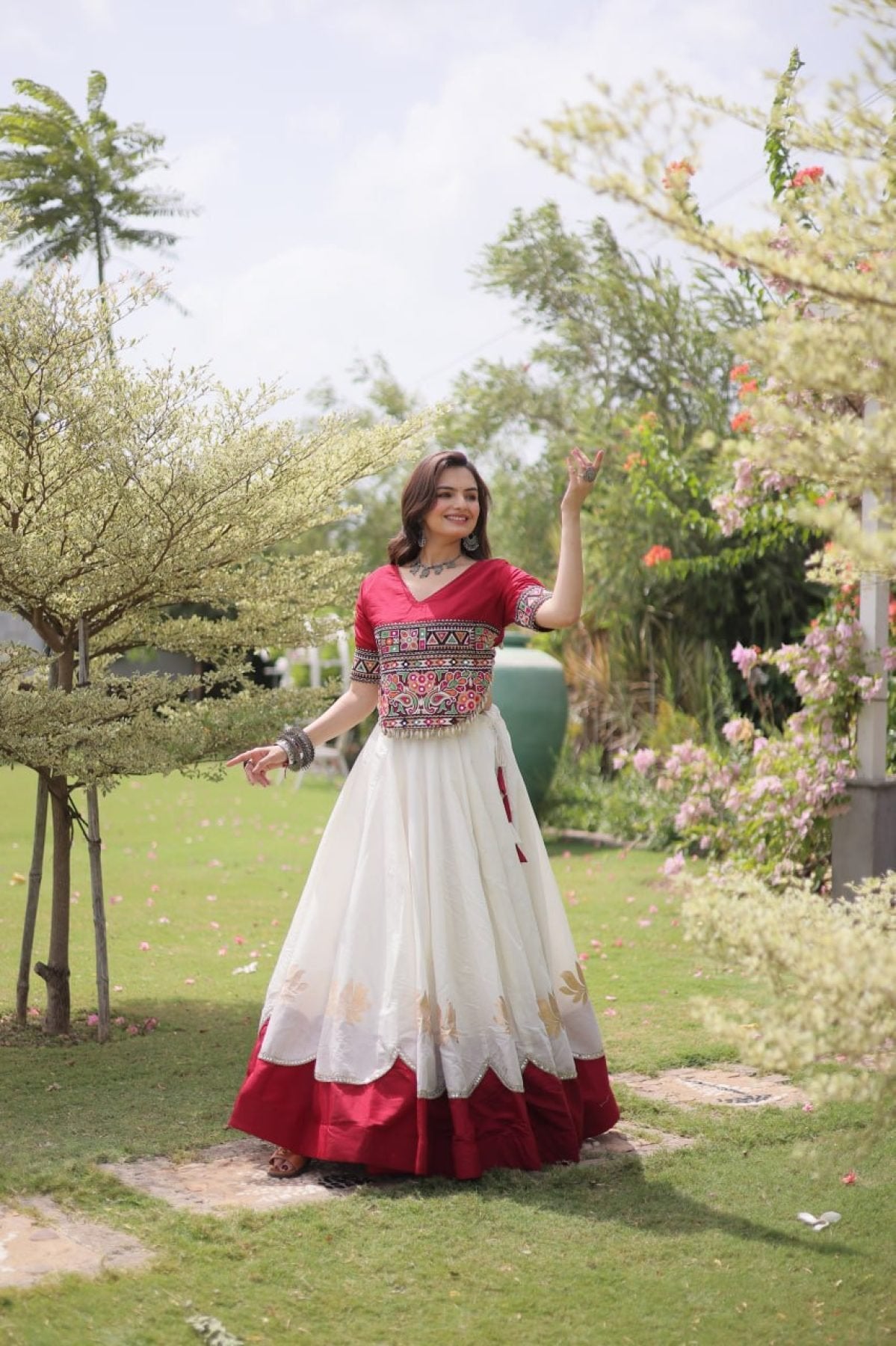 Roman Fabric Navratri Lehenga Choli with Kutchi Gamthi Embroidery Work detailed view