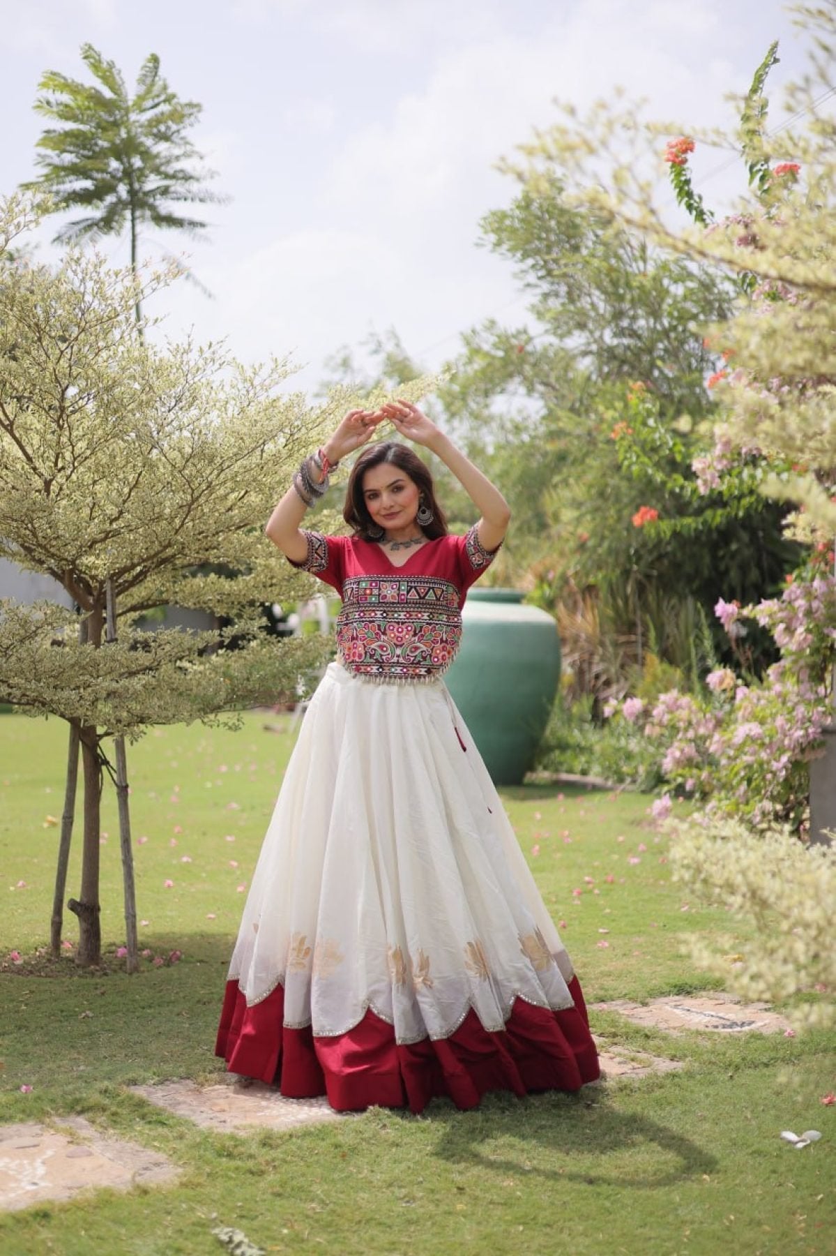 Roman Fabric Navratri Lehenga Choli with Kutchi Gamthi Embroidery Work back view